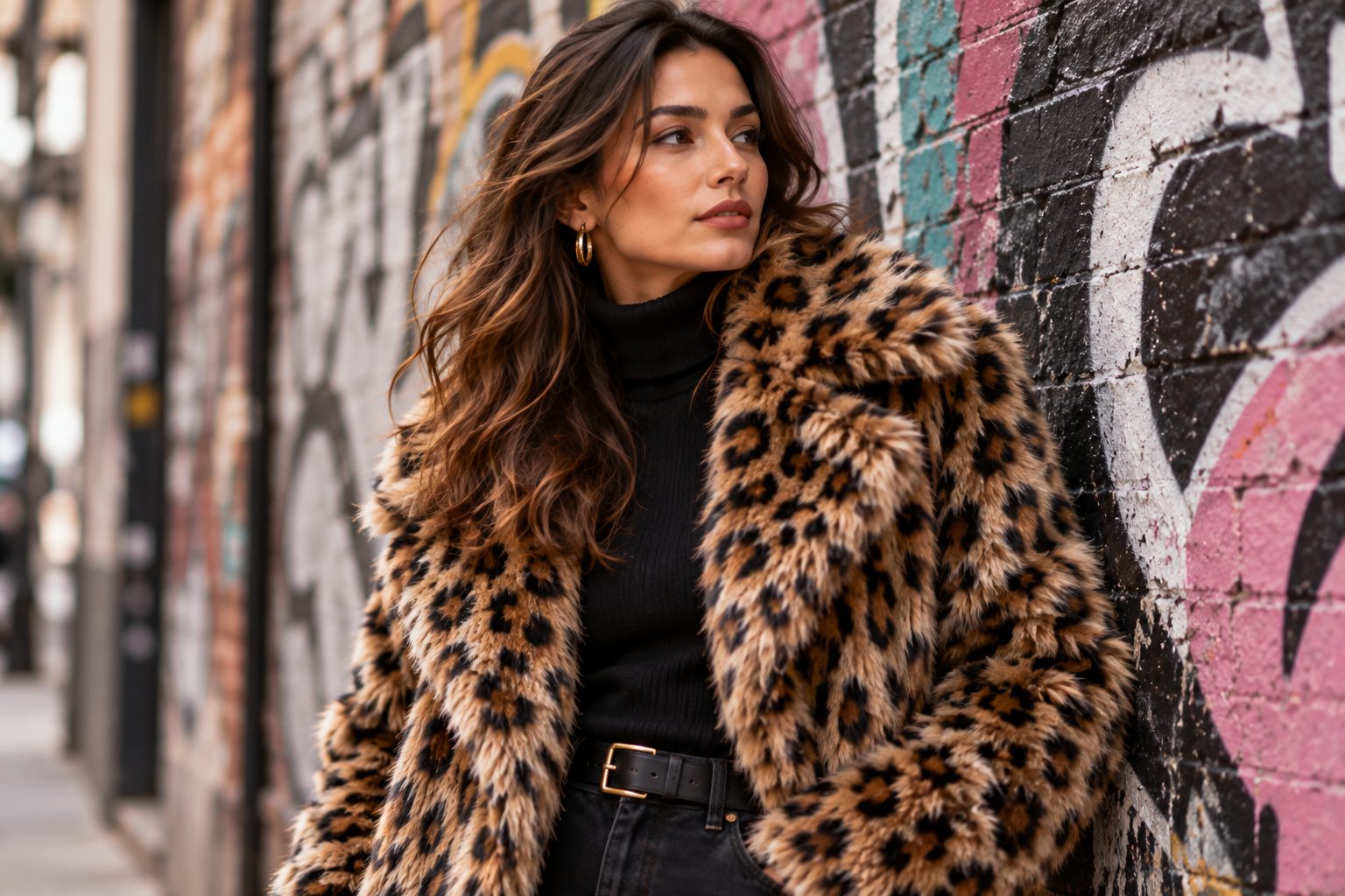 Model in animal print faux fur jacket near graffiti wall.