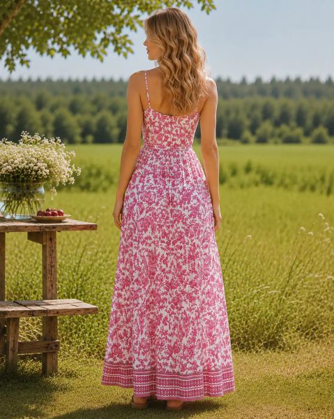 Women Spaghetti Strap Waist Tie Up Floral Print A-Line Dress