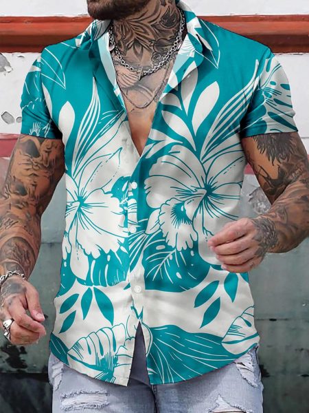 Blue White Tropical Print Button Front Shirt