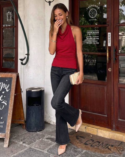 Halter Style Draped Cowl Neck Textured Top