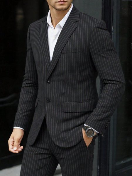 Men's Black Striped Contrast Lapel Slim Fit Blazer & Trouser Suit Set – Bold Detail, Sharp Silhouette