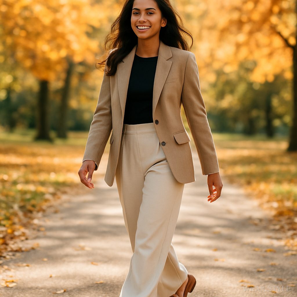 Indian woman in chic outfit with ruched loafers walking in a sunny park