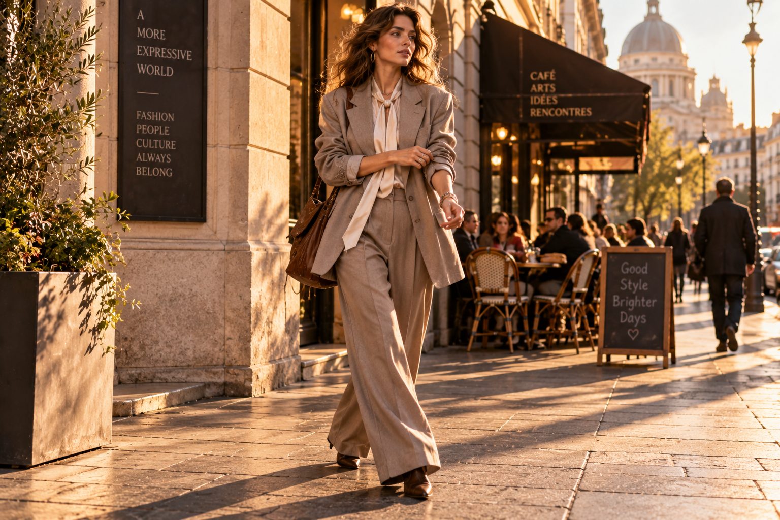 Tailored power suit in a sunlit urban setting, showcasing soft silhouettes and luxurious textures.