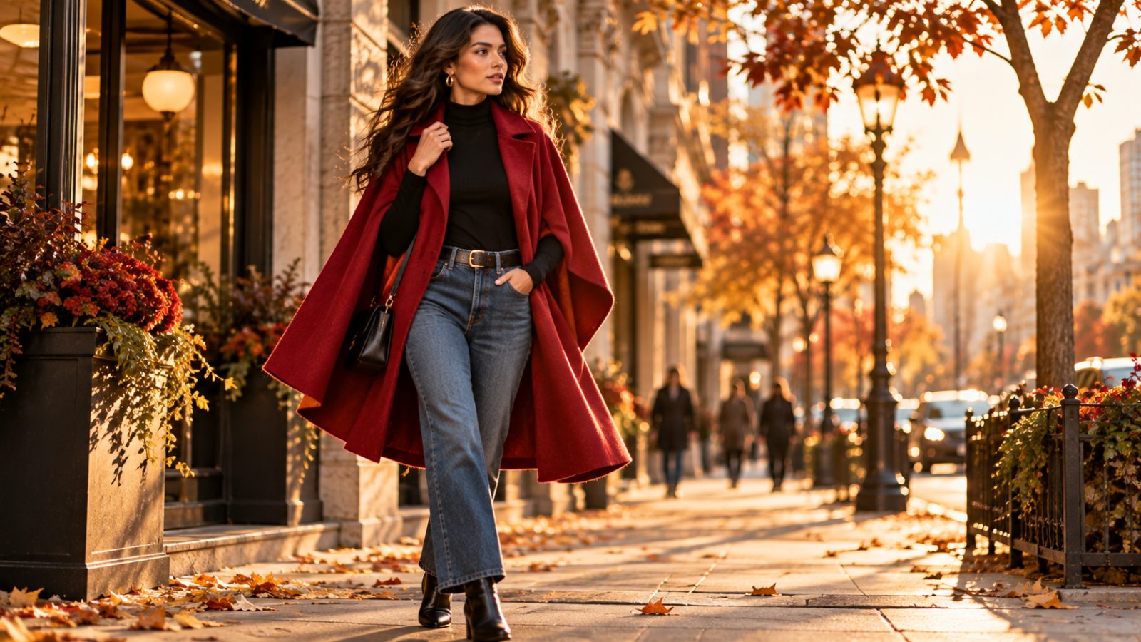 A stylish woman in a red cape walking through a city street during golden hour.