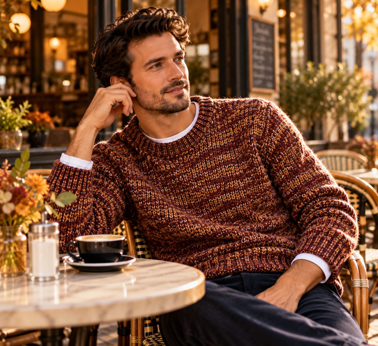 A man in a marled knit sweater sitting at a café table, enjoying the warm autumn light.