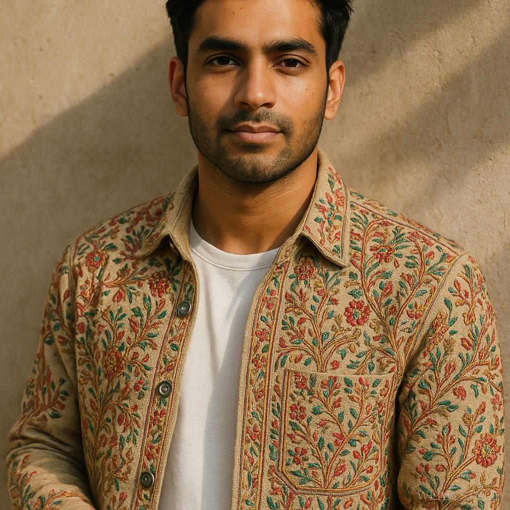 Close-up of an Indian male model in a hand-embroidered shacket against a textured wall.