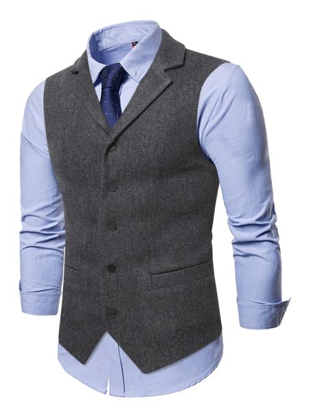 Dark Grey Single Breasted Button Front Wool-Mix Waistcoat