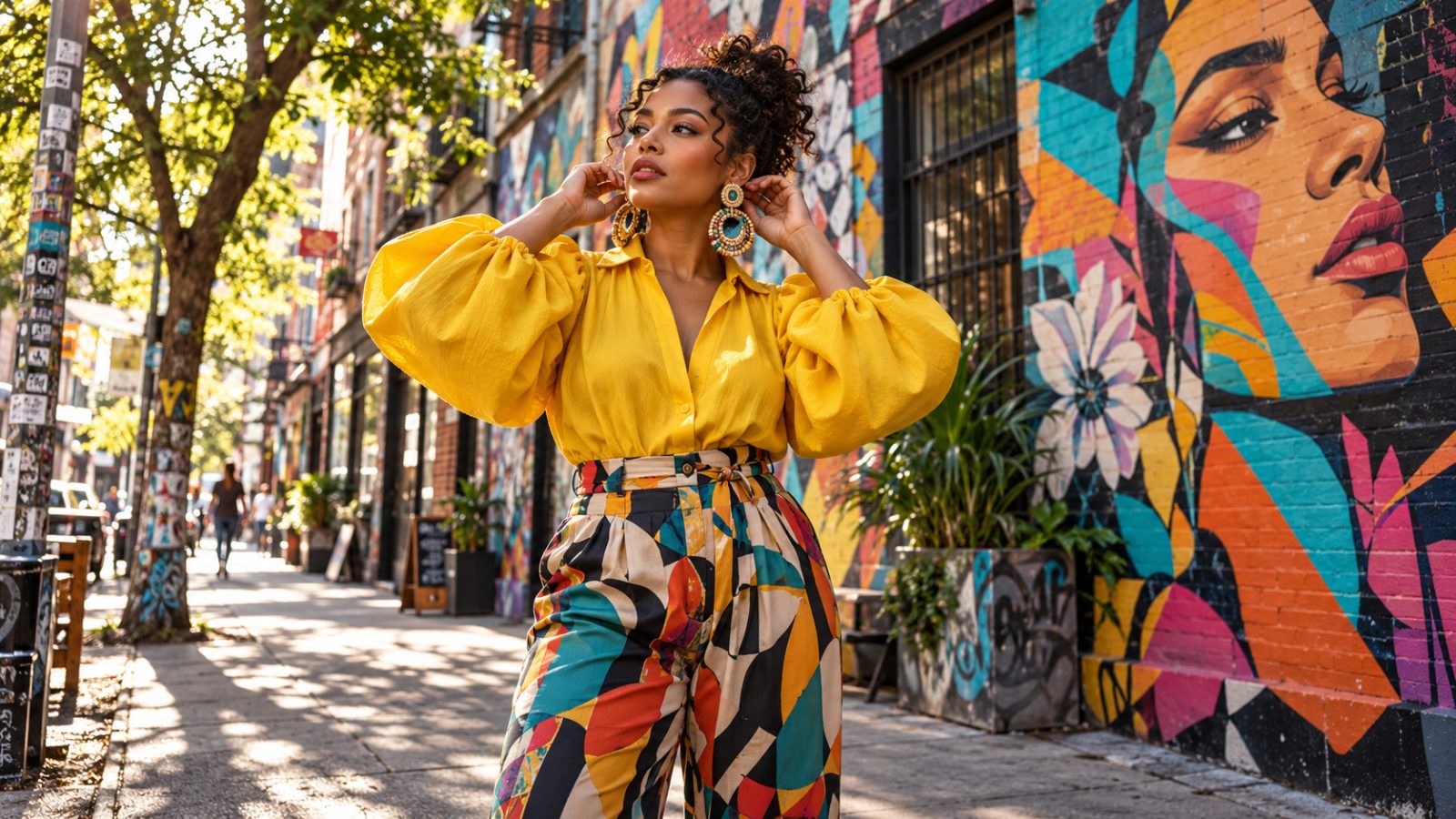 A woman in a colorful urban setting, showcasing bold fashion and statement earrings.