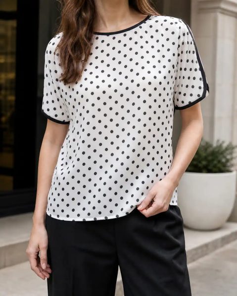Contrast Trim Extended Sleeve Polka-Dot Print Top