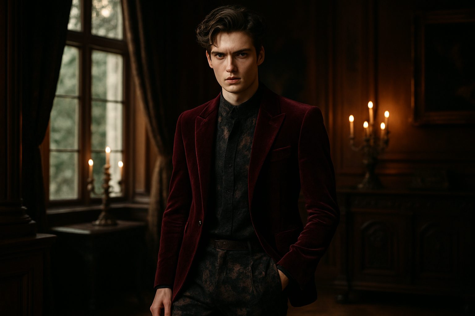Male model in burgundy velvet blazer and black lace shirt in a Victorian-style room.