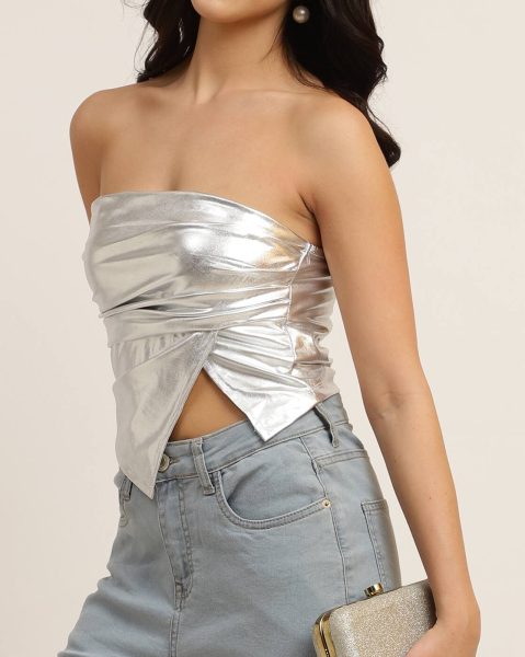 Party Strapless Mock Wrap Pleated Shimmer Fitted Tube Top
