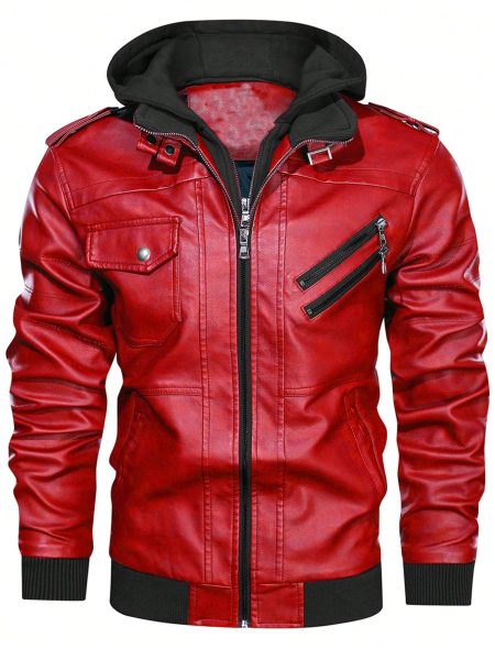 Zip Up Hooded PU Leather Jacket