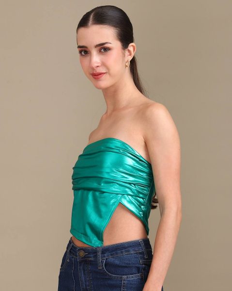 Party Strapless Mock Wrap Pleated Shimmer Fitted Tube Top