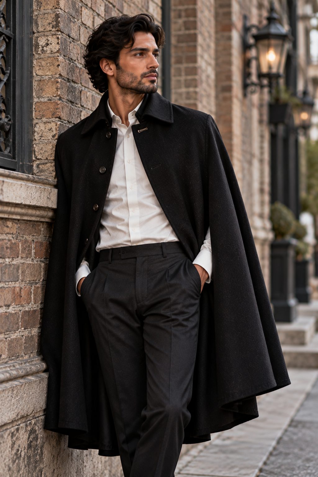 A man in a black tailored cape standing against a brick wall.