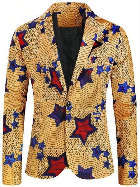 Yellow Star Print Single Front Button Blazer