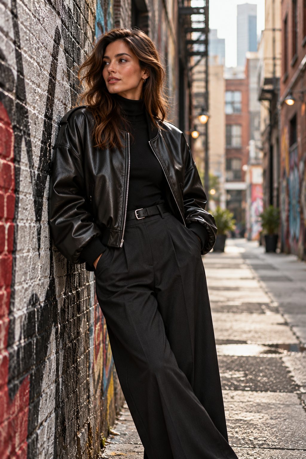 Model in oversized black bomber jacket leaning against urban wall.