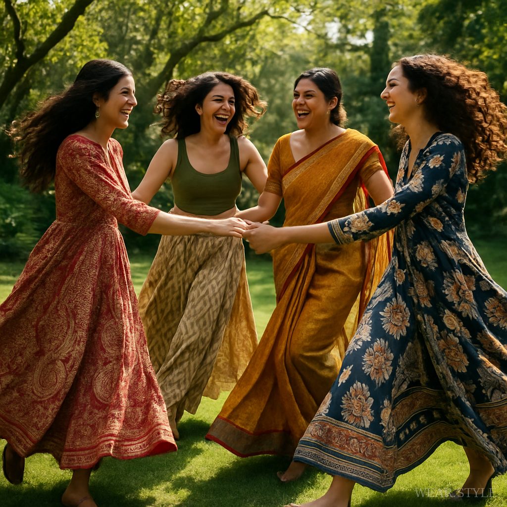 Models twirling in vibrant Indian textiles in a lush garden.