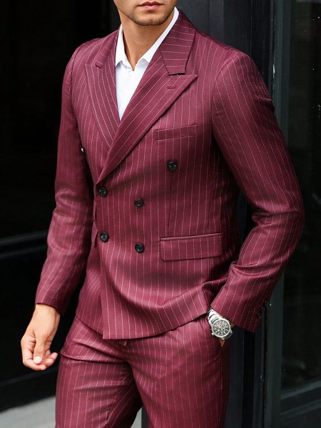Burgundy Double Breasted Striped Lapel Neck Blazere with Trouser Suit Set