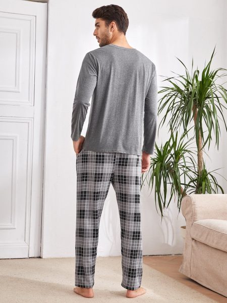 Round Neck Plaid Pocket Tee and Trousers Lounge Sleepwear Set