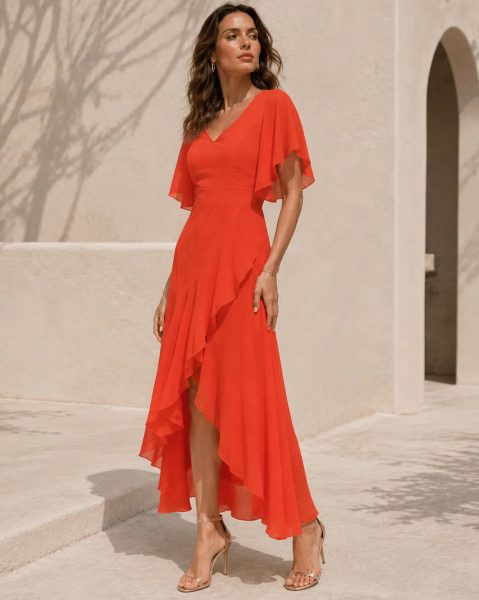 Women Flutter Sleeve Ruffled Hem Mock Wrap A-Line Dress