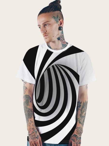 Black and White Round Neck 3D Spiral Print Tee