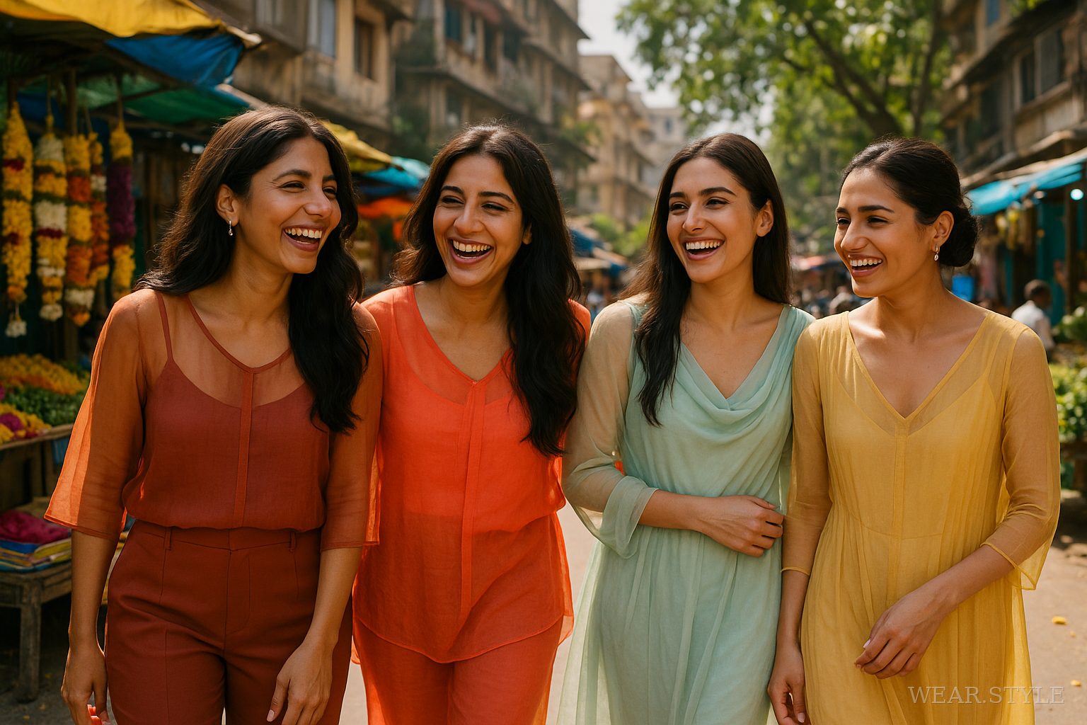 Indian women in sheer fashion outfits laughing in a vibrant Mumbai street scene.