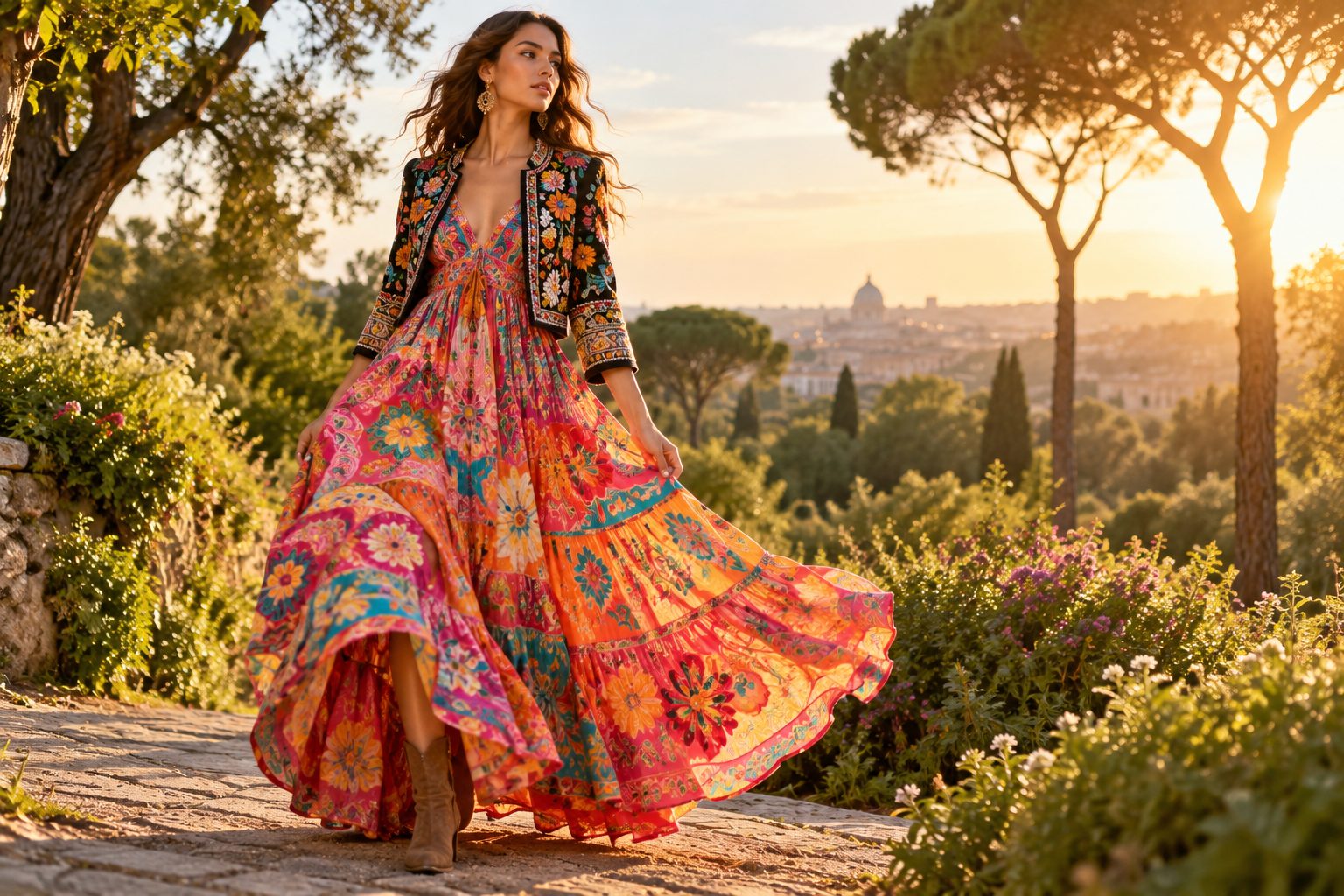 Vibrant model in psychedelic boho fashion, golden hour light, outdoor park setting.