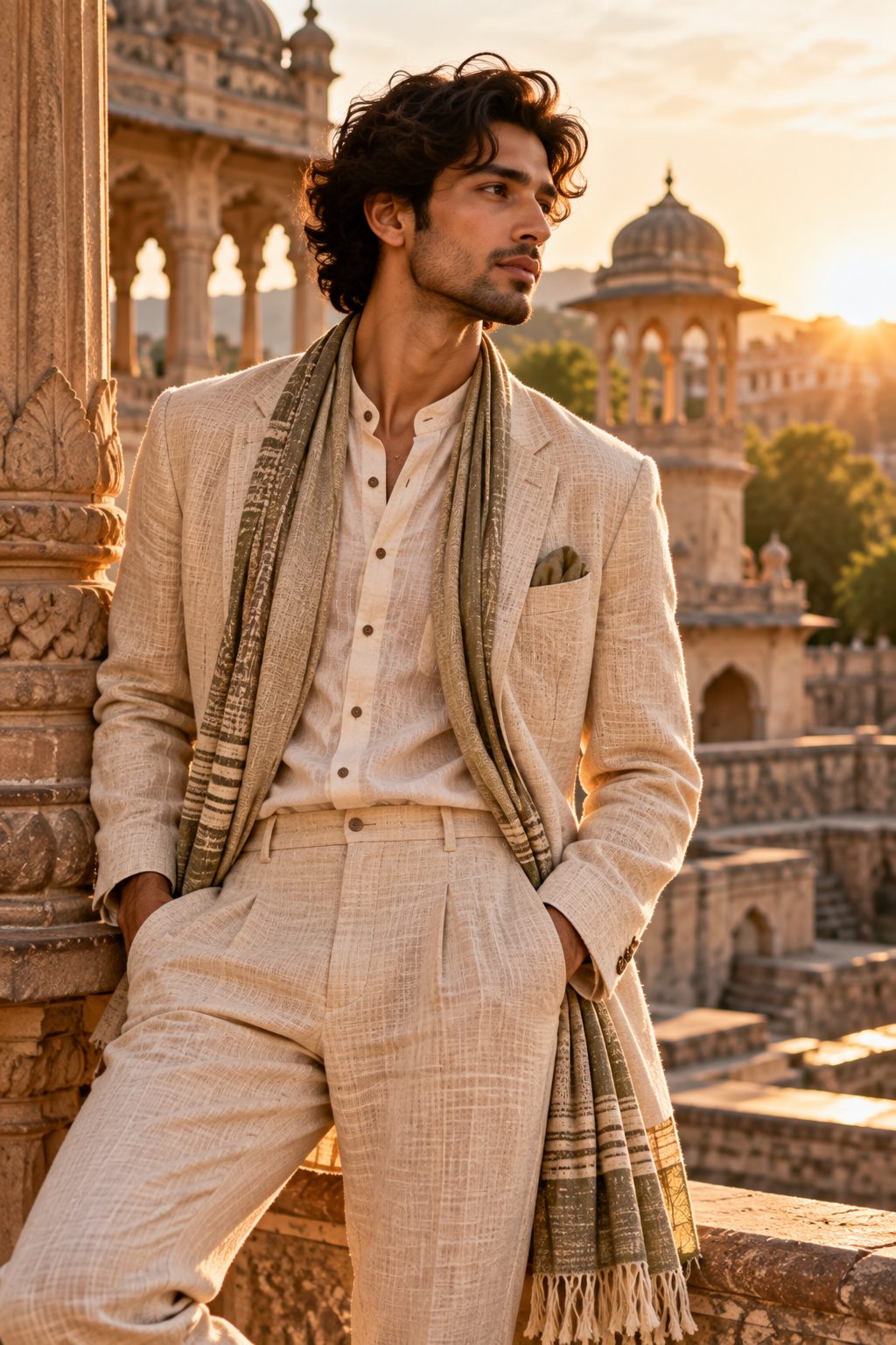 Model in tailored khadi suit against historic architecture, reflecting tradition and modernity.