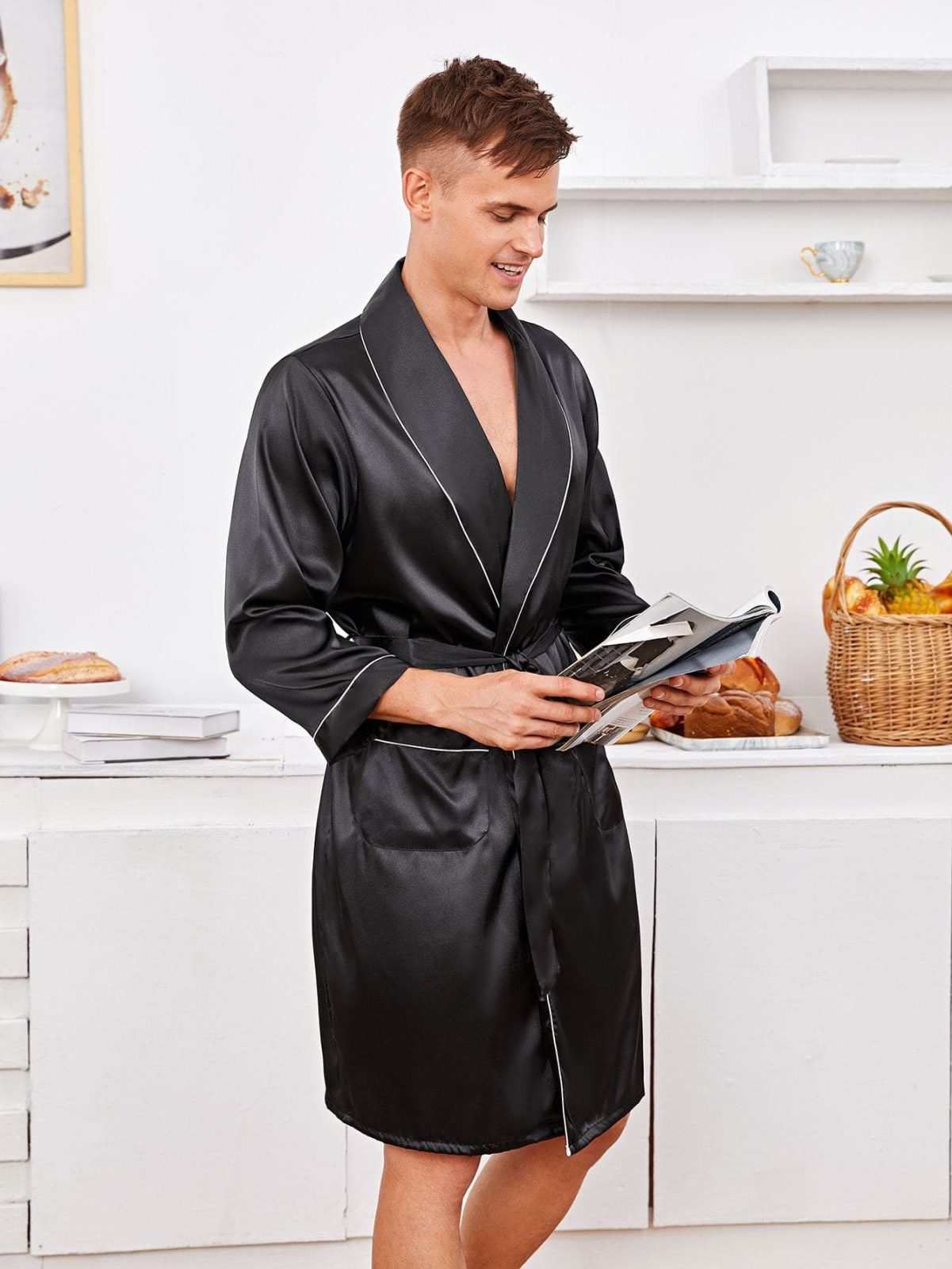 Contrast Binding Belted Satin Robe Sleepwear