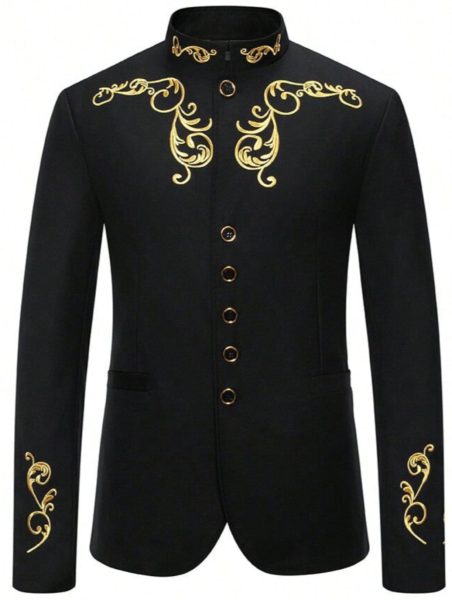 Black Stand Collar Embroidered Slim-Fit Single-Breasted Blazer