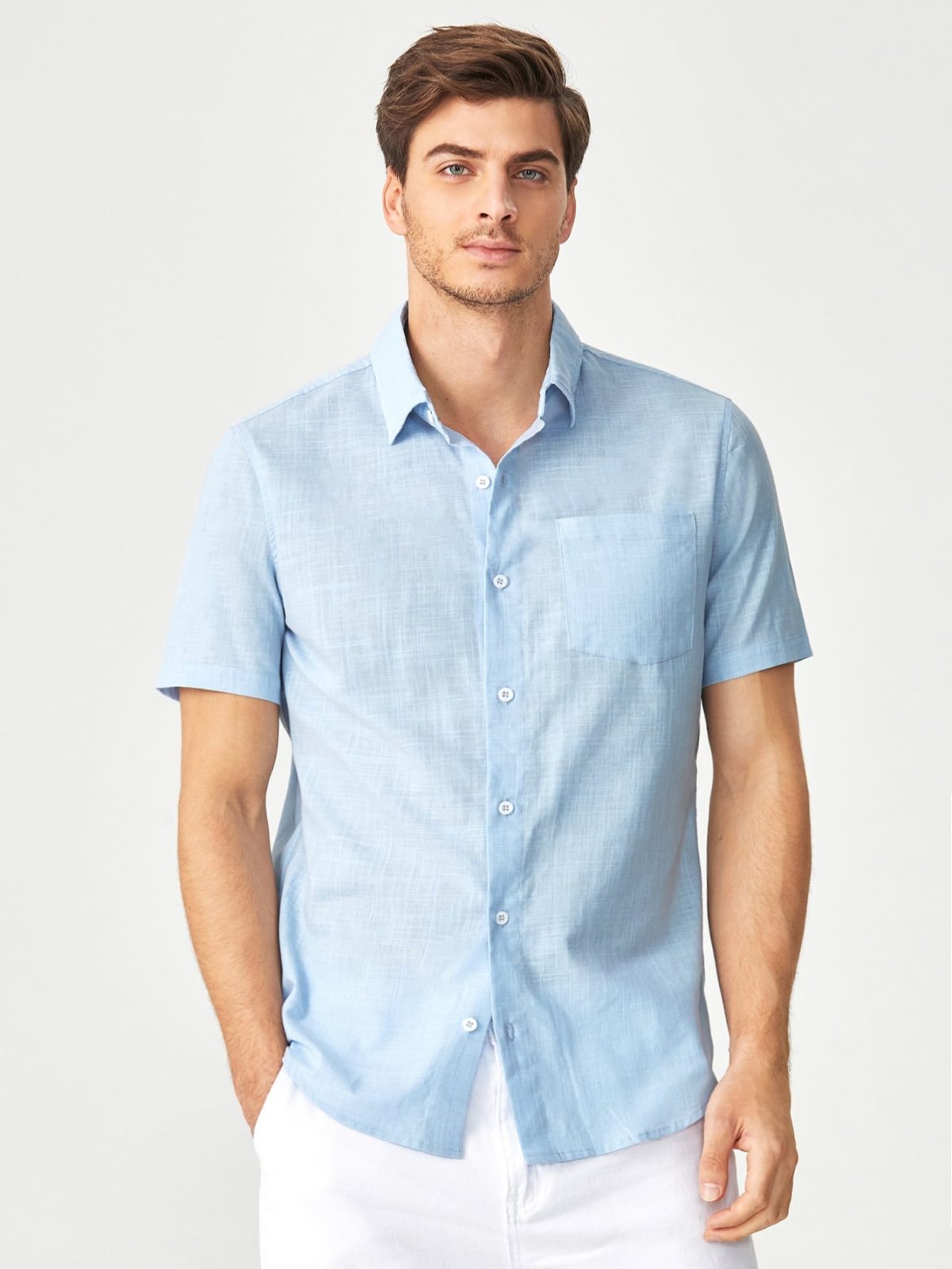 Blue Patched Pocket Button Front Short Sleeve Shirt