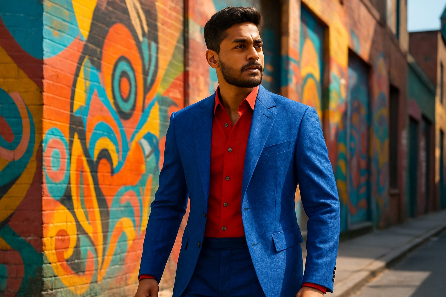 Indian man in vibrant electric blue blazer against colorful street art