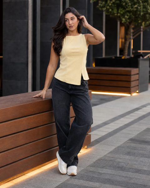 Women Sleeveless Panelled Slit Hem Textured Top