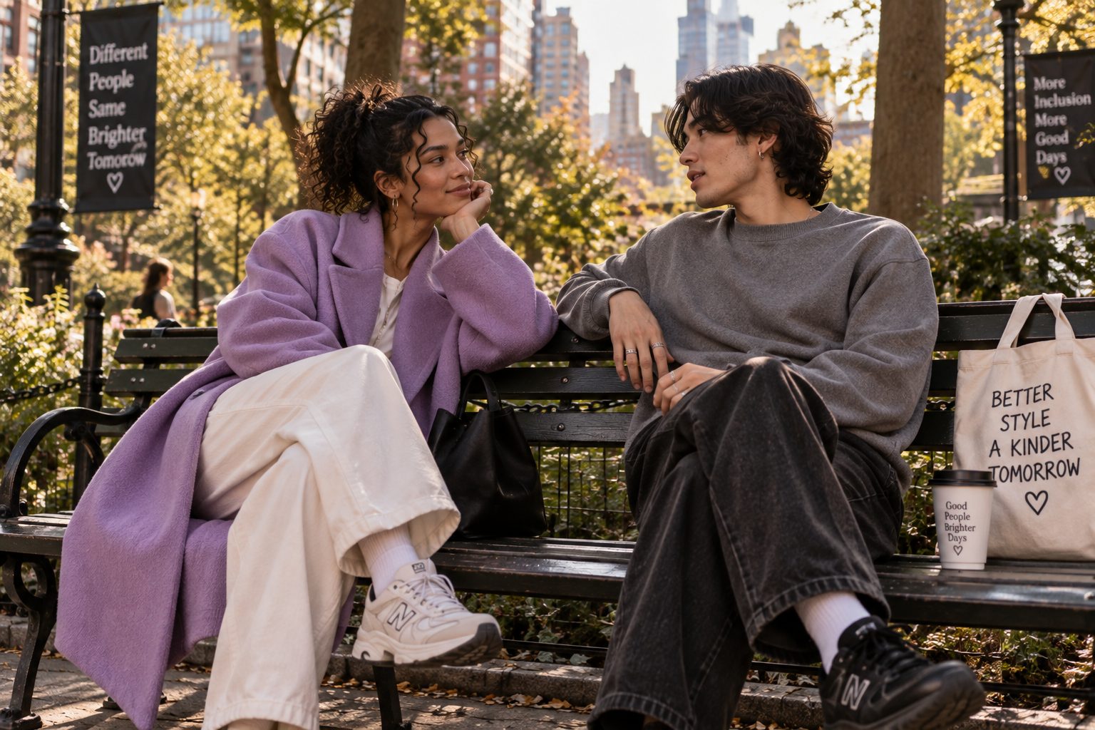 Two models in relaxed outfits sharing a quiet moment on a park bench.