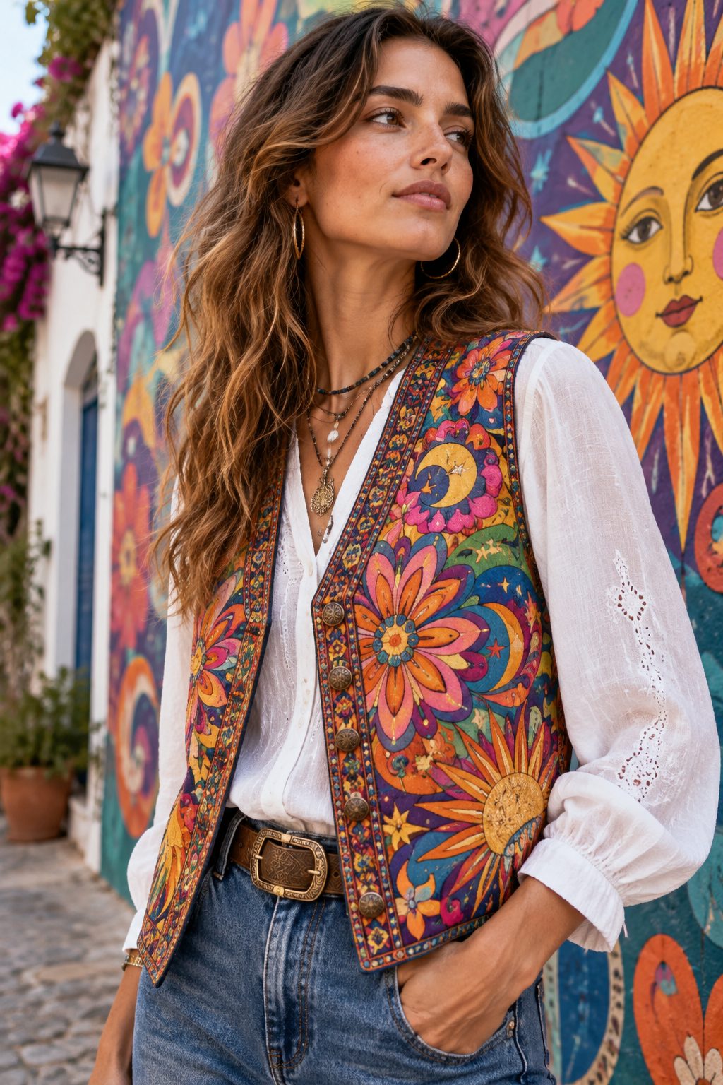 Close-up of a model in a psychedelic vest against colourful street art.