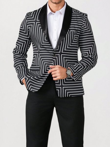 Men's Black & White Shawl Collar Blazer & Trouser Suit Set – Geometric Stripe, Button Front & Lined