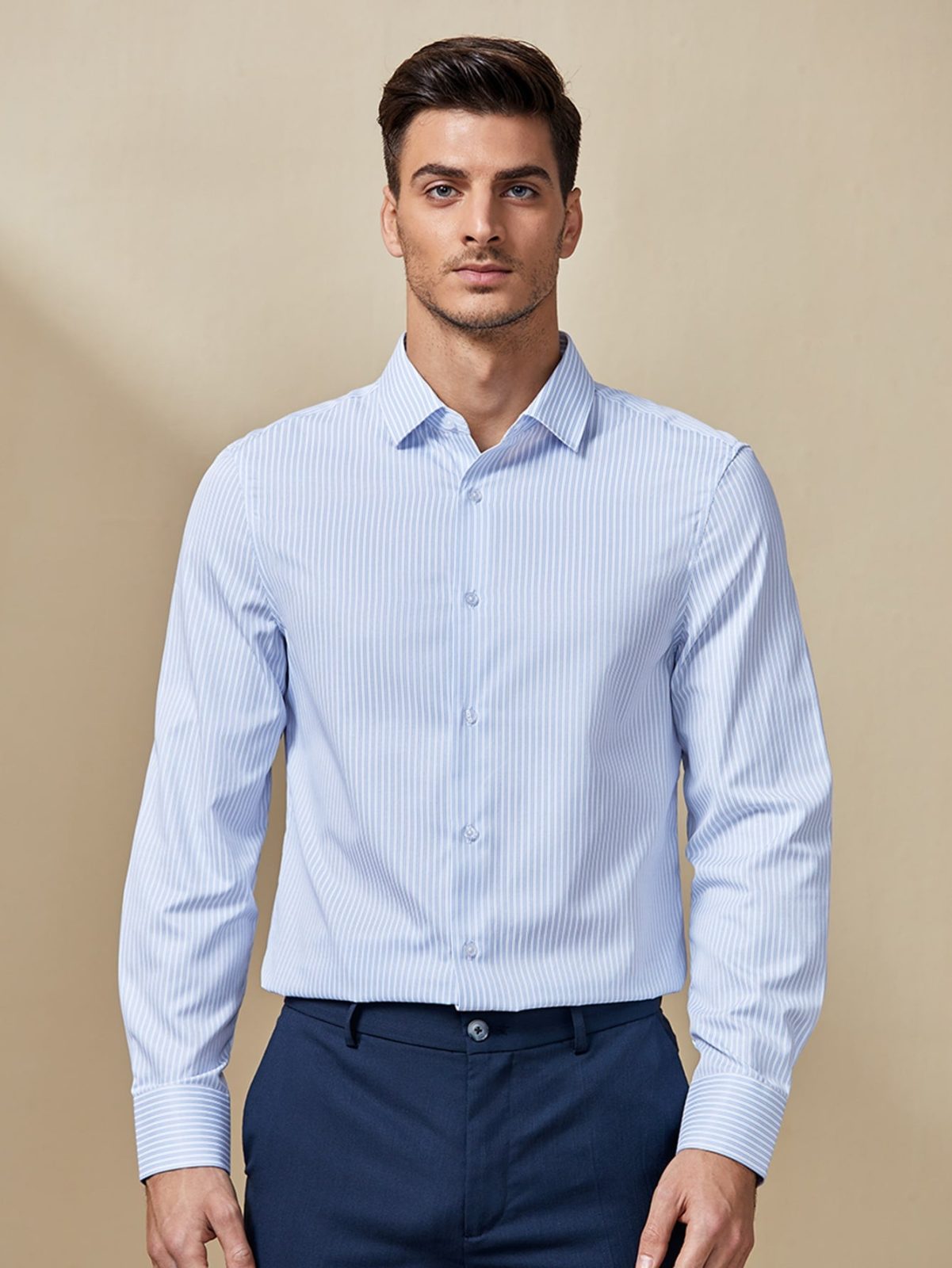Blue Button Fron Striped Print Shirt
