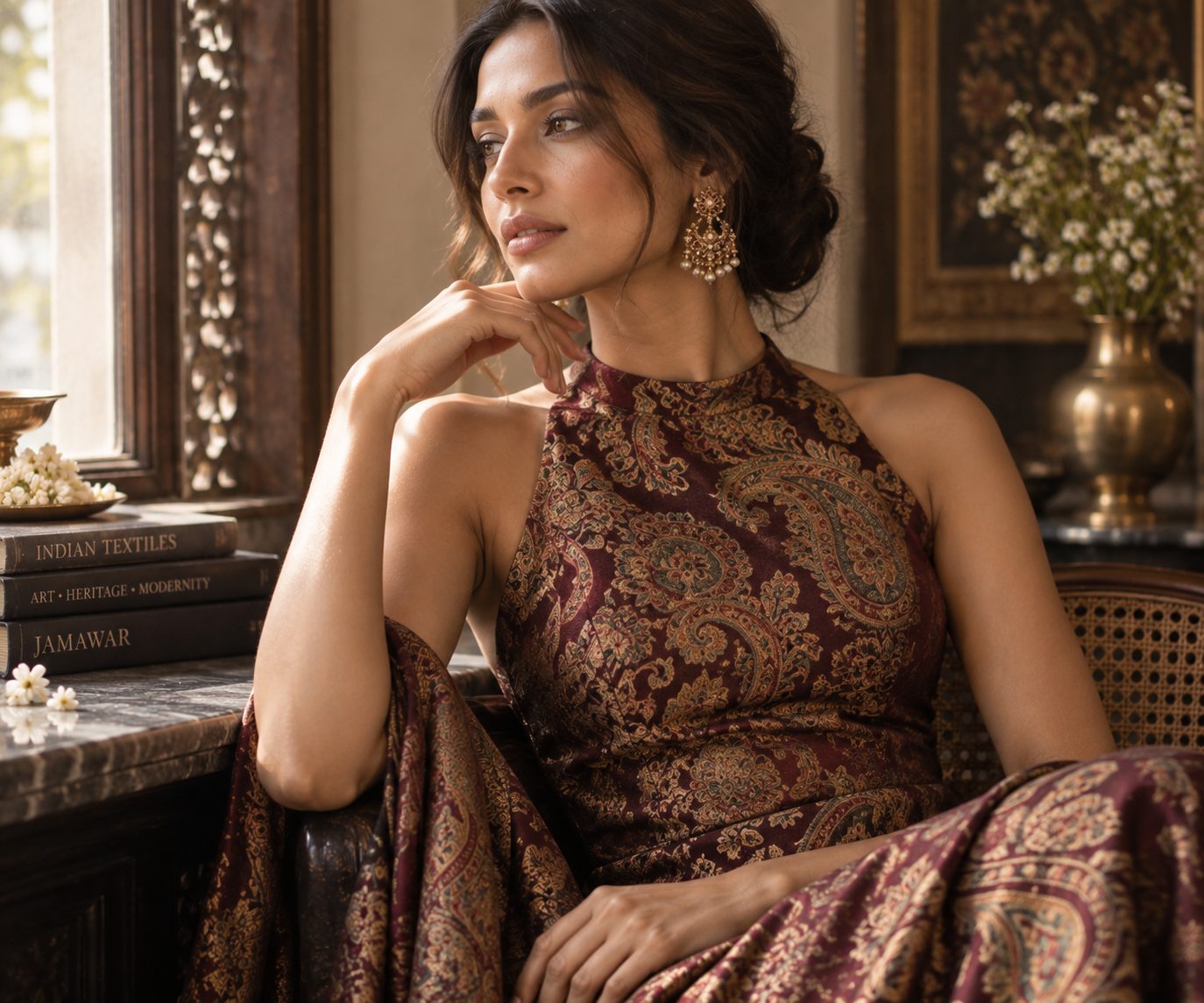 Close-up of a model in a modern dress made from traditional Jamawar fabric.