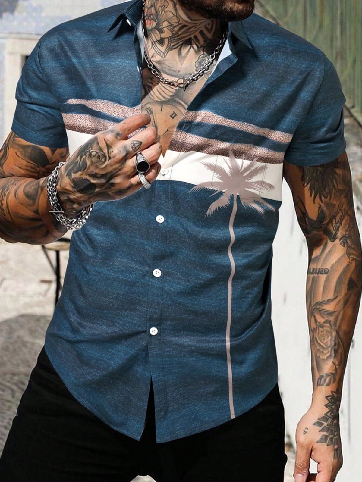Navy Blue Striped Tropical Print Shirt