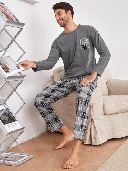 Round Neck Plaid Pocket Tee and Trousers Lounge Sleepwear Set