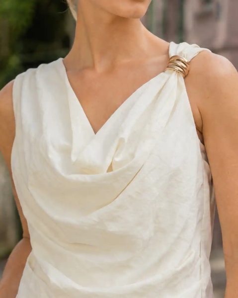 Women Shoulder Pleated Draped Cowl Neck Sleeveless Top