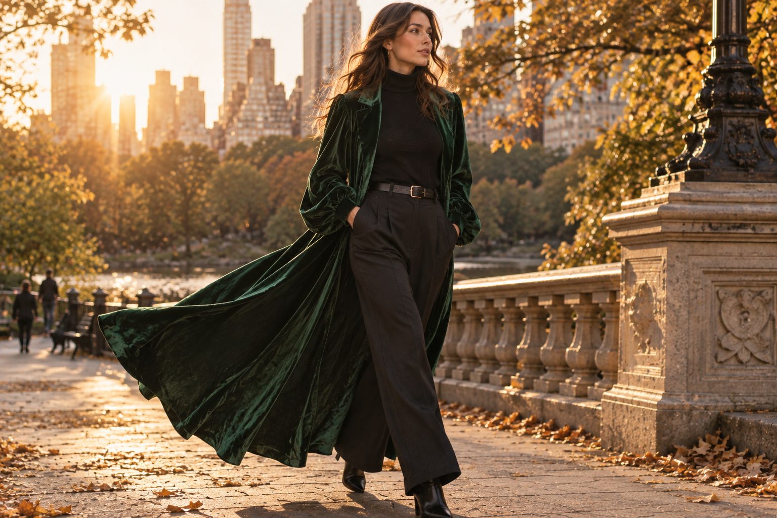 Model in emerald duster coat walking in an urban park during golden hour.