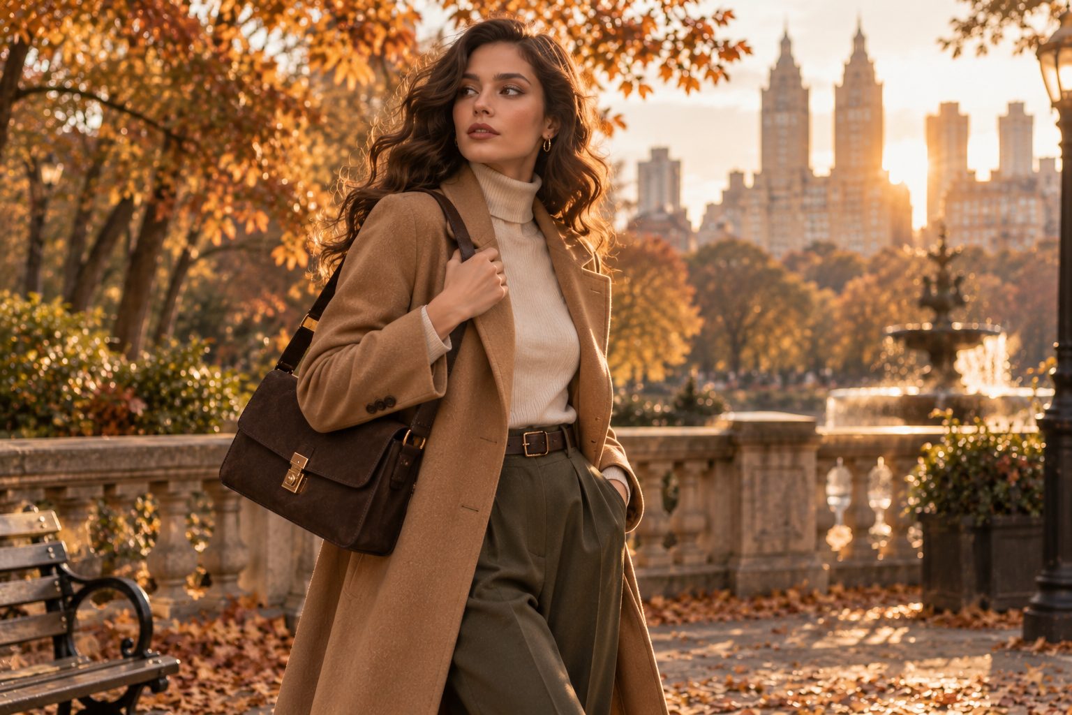 Model in camel coat and olive trousers with chocolate brown suede handbag in autumn park
