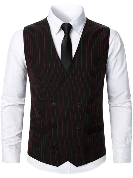 Black Vertical Striped Print Double Breasted Waistcoat