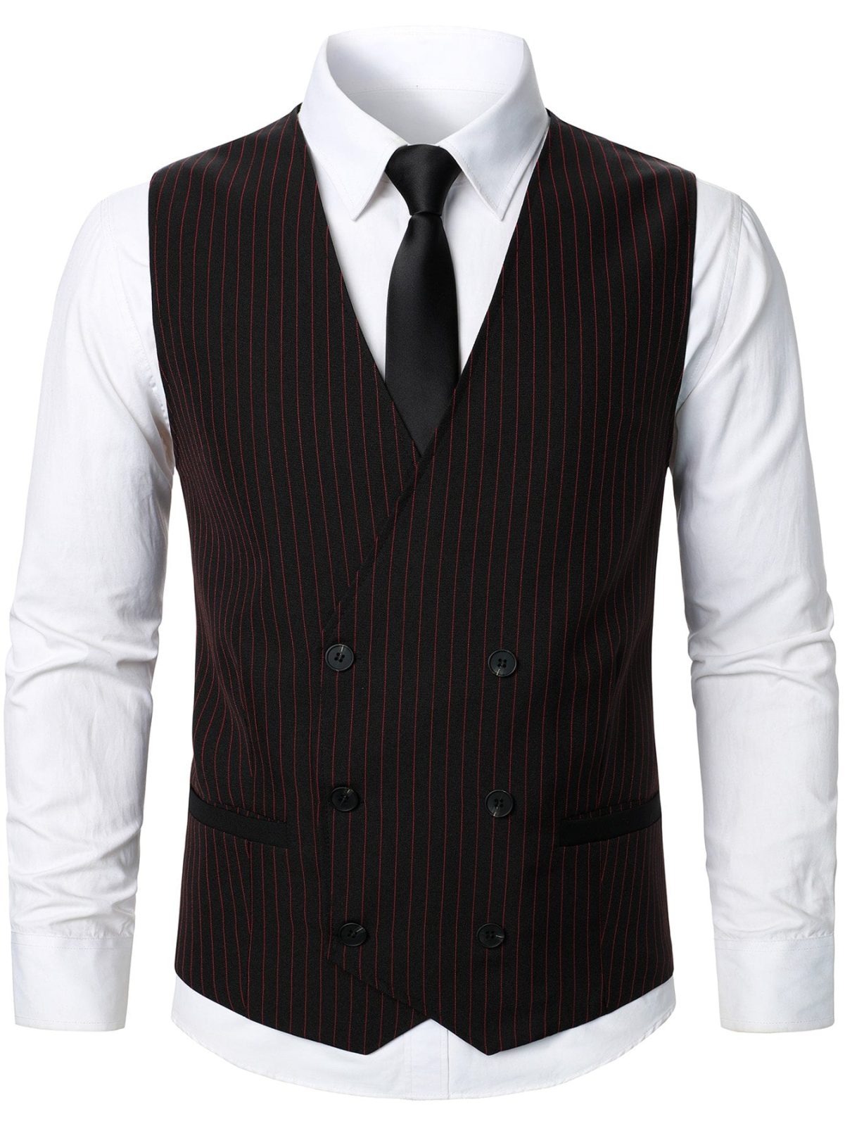 Black Vertical Striped Print Double Breasted Waistcoat