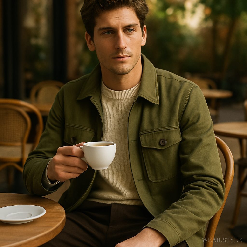 Male model in olive green jacket and chocolate brown trousers at an outdoor café