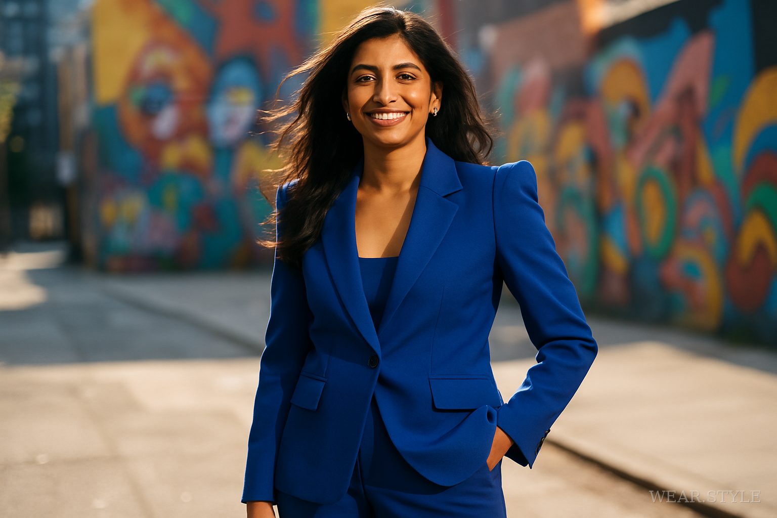 Indian woman in a vibrant cobalt blue power suit, exuding confidence in an urban setting.