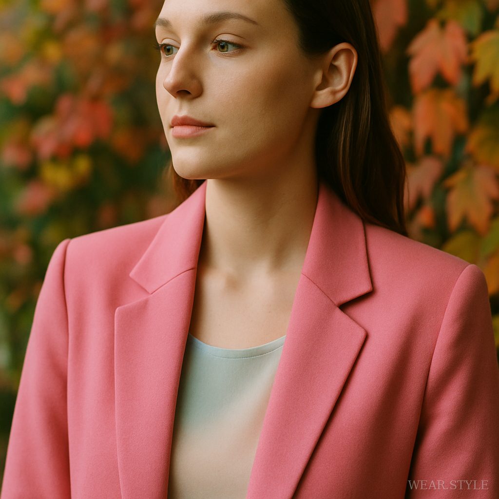 Close-up of model in pink blazer surrounded by autumn leaves.