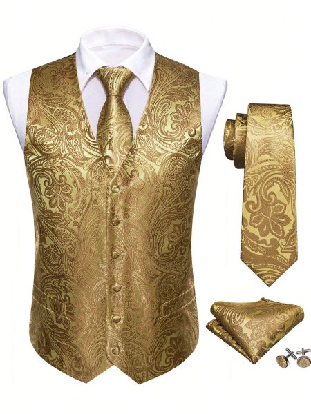 Gold Plants Print Waistcoat With Tie