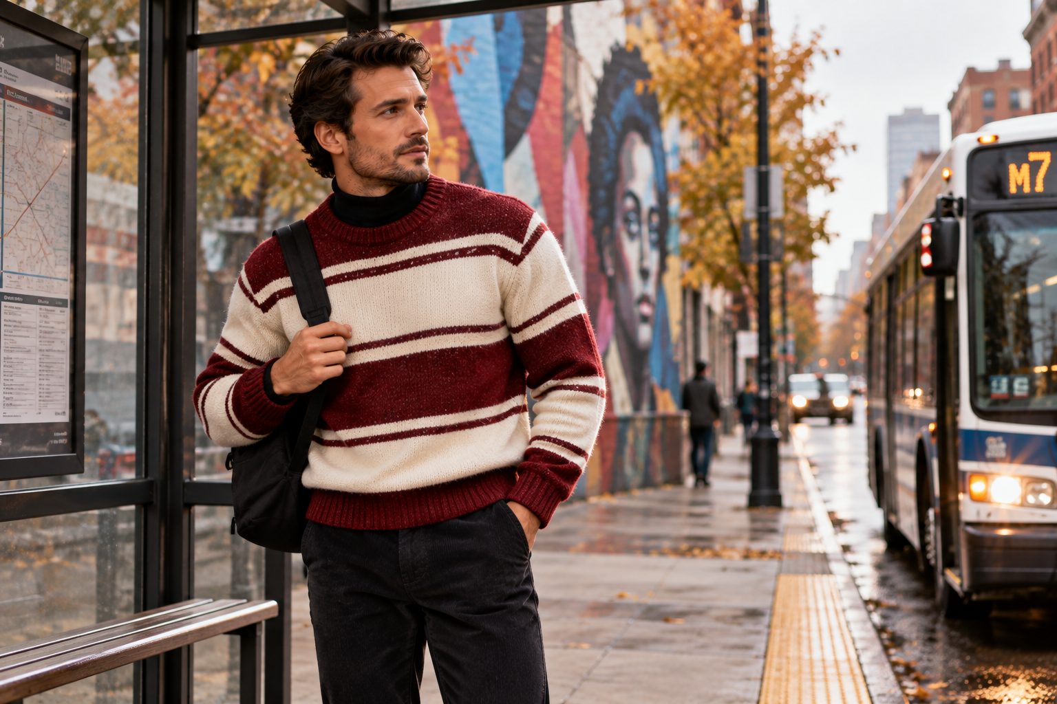 A man in a striped sweater adjusting his outfit at a bus stop, with an urban mural behind him.